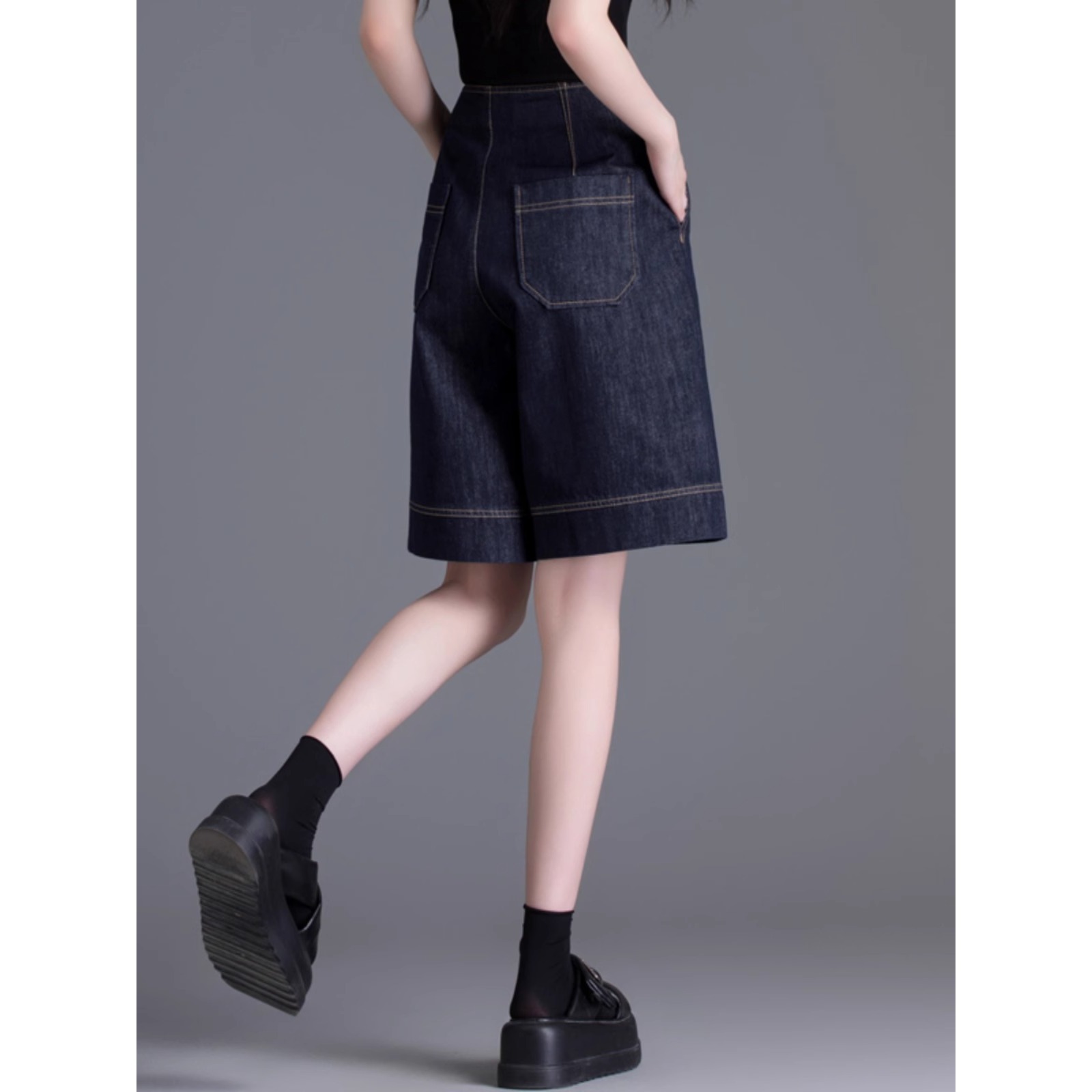 Quần short denim nữ dáng rộng ống suông mùa hè — Xanh denim