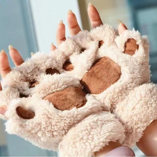 かわいい猫の爪の手袋の女性の秋冬の保温の防寒のぬいぐるみの半分の指の厚い加毛の成人の学生は字を書いて指を漏らします。|undefined