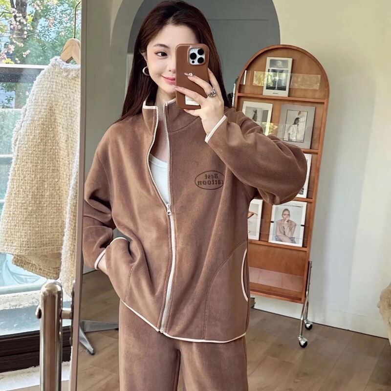 2025 new Japanese and Korean style casual island fleece pajama set for women, autumn and winter warm two-piece set with zipper, high-end feel