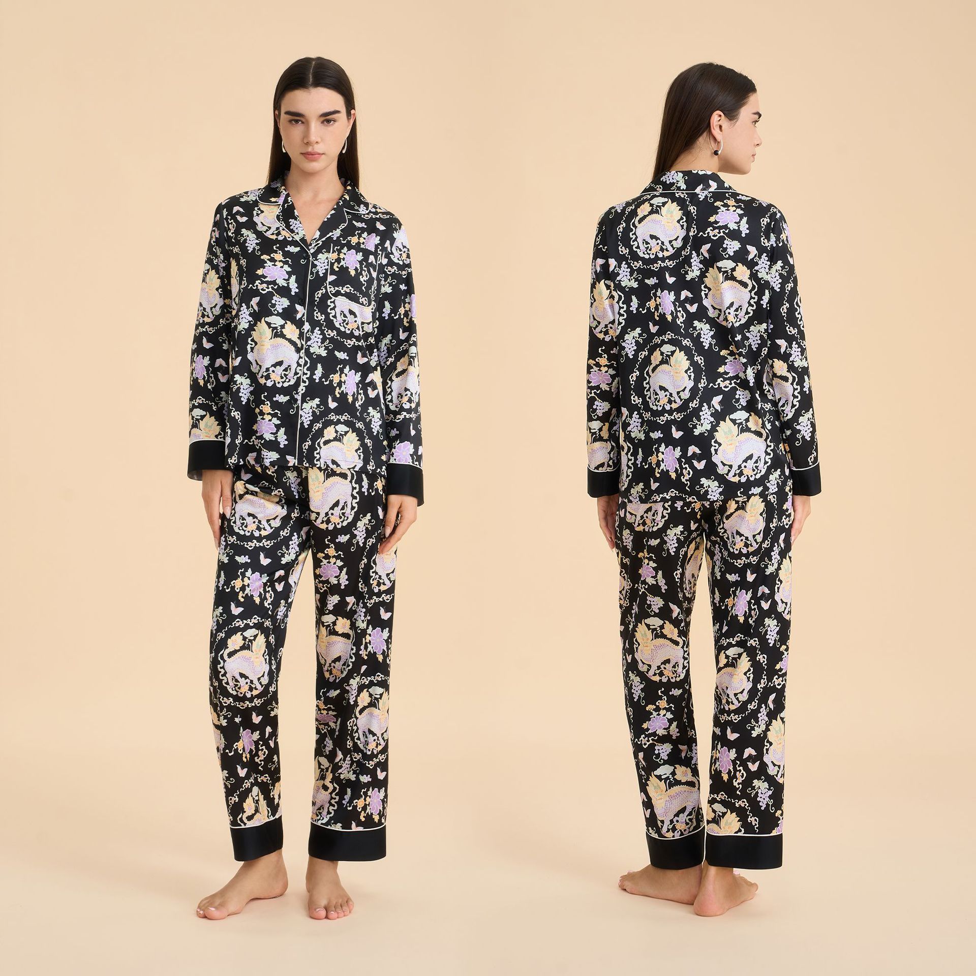 Pijama floral elegante de primavera y otoño para mujeres pantalones de manga larga con solapa delgada ropa casera casual y cómoda TZ4001