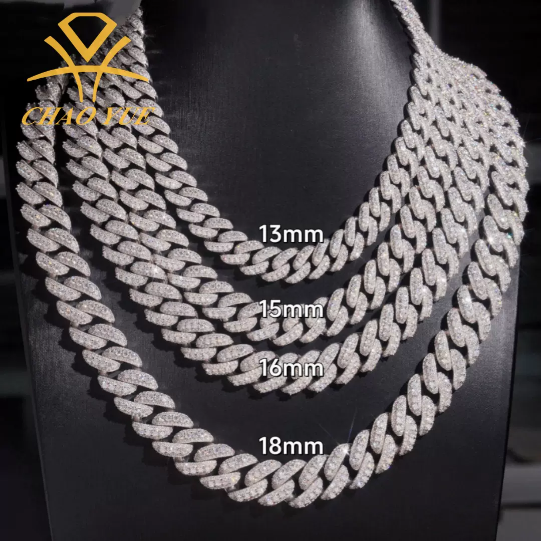 跨境s925银vvs莫桑石中间凸起4粒石头设计13/15/16/18mm古巴项链