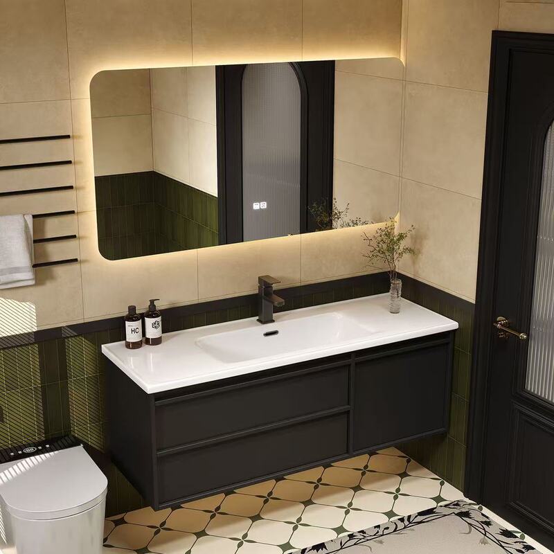 Black Ceramic Integrated Bathroom Cabinet Set with Washbasin, Modern Minimalist Bathroom Sink, Smart Washing Basin