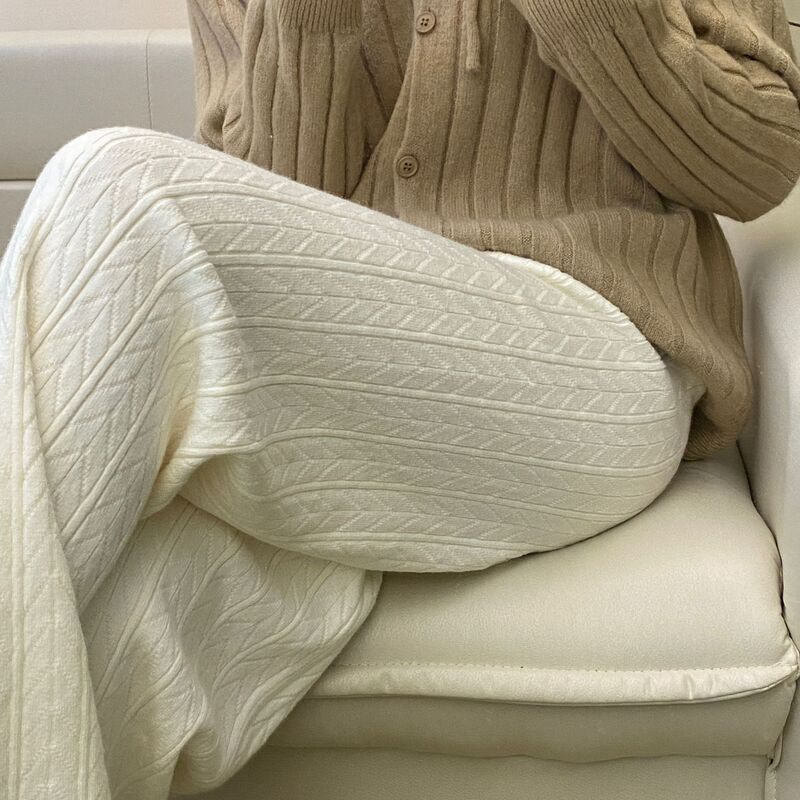 High waist straight leg draping m apricot knitted wide leg pants women's hemp pattern winter thickened cashmere wool loose pants