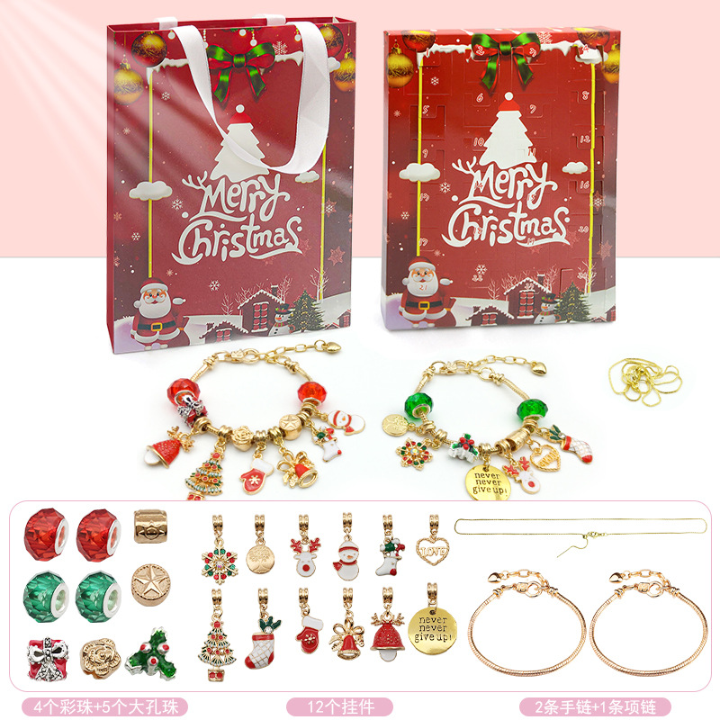 Rojo oro/plata Navidad 24 cuenta regresiva calendario ciego caja DIY dibujos animados niños regalo pulsera traje