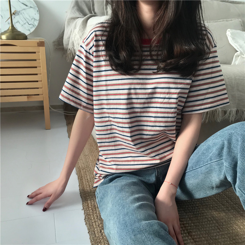 T-shirt estiva a maniche corte a righe da donna, nuova camicia base in versione coreana, top, abbigliamento da donna oversize_voghion.com