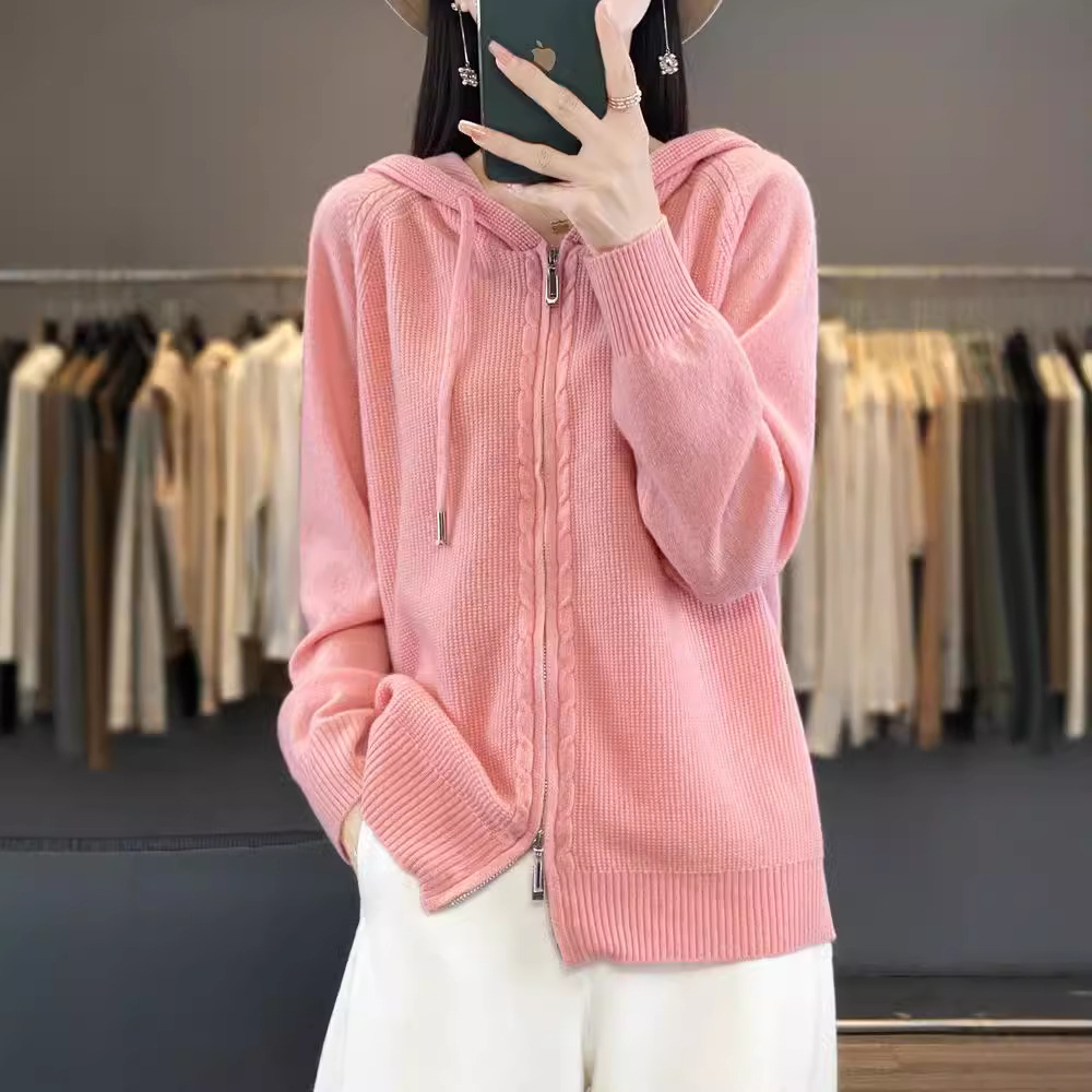New Foreign Style Knitted Jacket Women's High Sense 24 Years Autumn and Winter Fashion Joker Hooded Zipper Sweater Cardigan