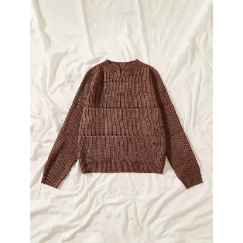 Solid Round-Collar Knit Sweater, Brown, Oversized Style, Sizes 1XL–5XL