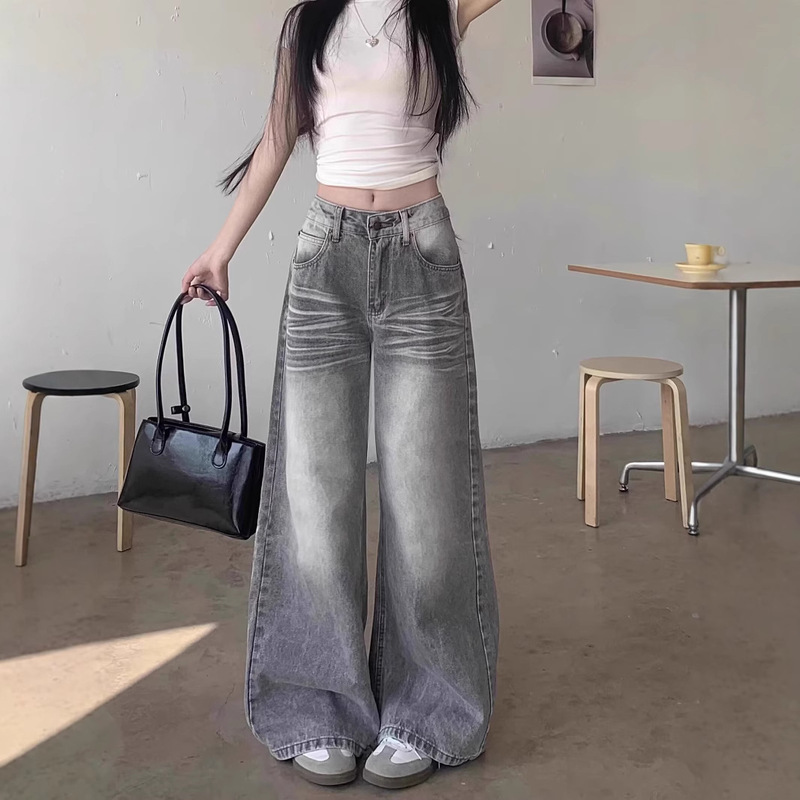 Cross-Border 2025 Spring and Summer New Retro High-Waisted Slimming Washed Textured Hot Girl Wide-Leg Slim Floor-Length Jeans