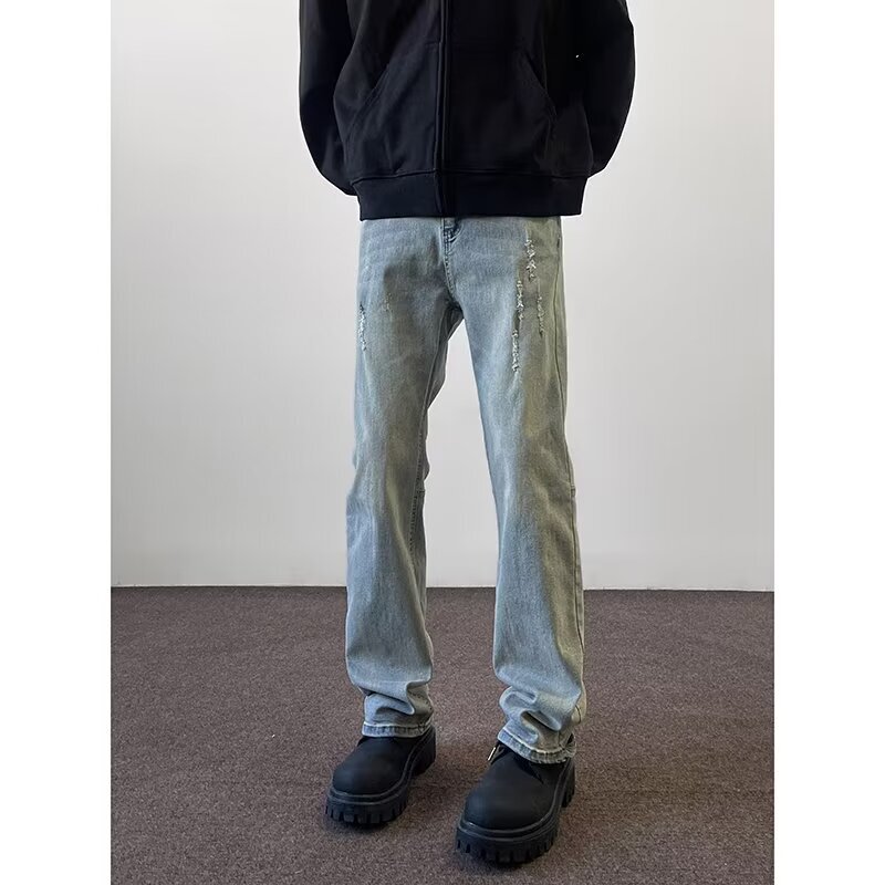 Blue Destruction Jeans Men's Autumn and Winter cleanfit American Style High Street Vibe Pants with Martin Boots