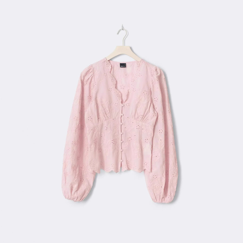 European and American Aliexpress Amazon New Women's Embroidered Button-Up Top Cross-Border Lace Casual Solid Color Shirt for Women