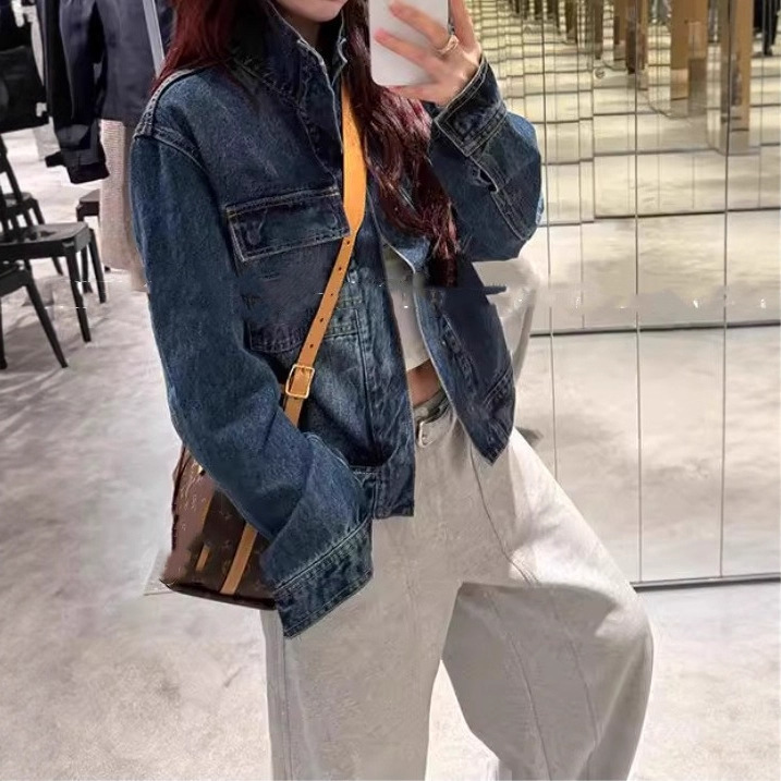 American Retro-Standing Denim-Pilot Jacket High-End Trendy Denim Jacket for Women