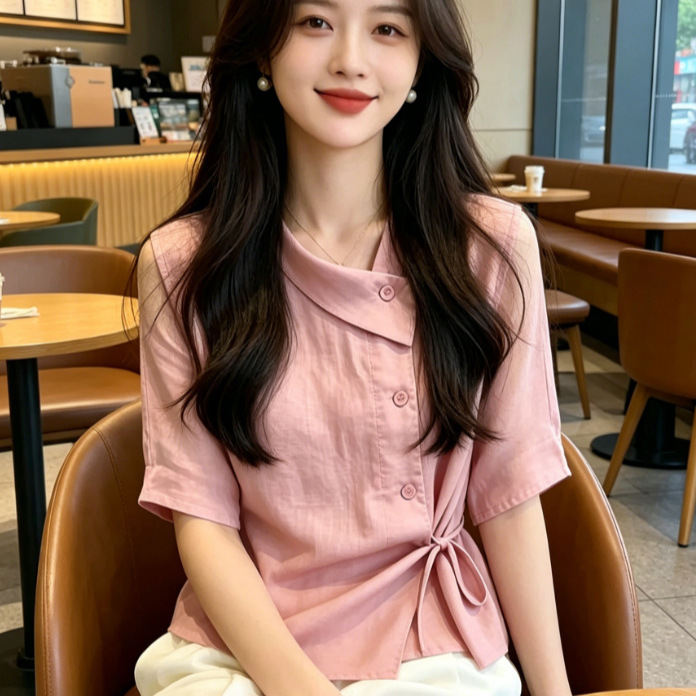 【Dropshipping】Summer Stylish and Chic Irregular Collar Design Versatile Short-Sleeve Blouse for Women Cross-Border 【Dropshipping】Summer Stylish and Chic Irregular Collar Design Versatile Short-Sleeve Blouse for Women Cross-Border