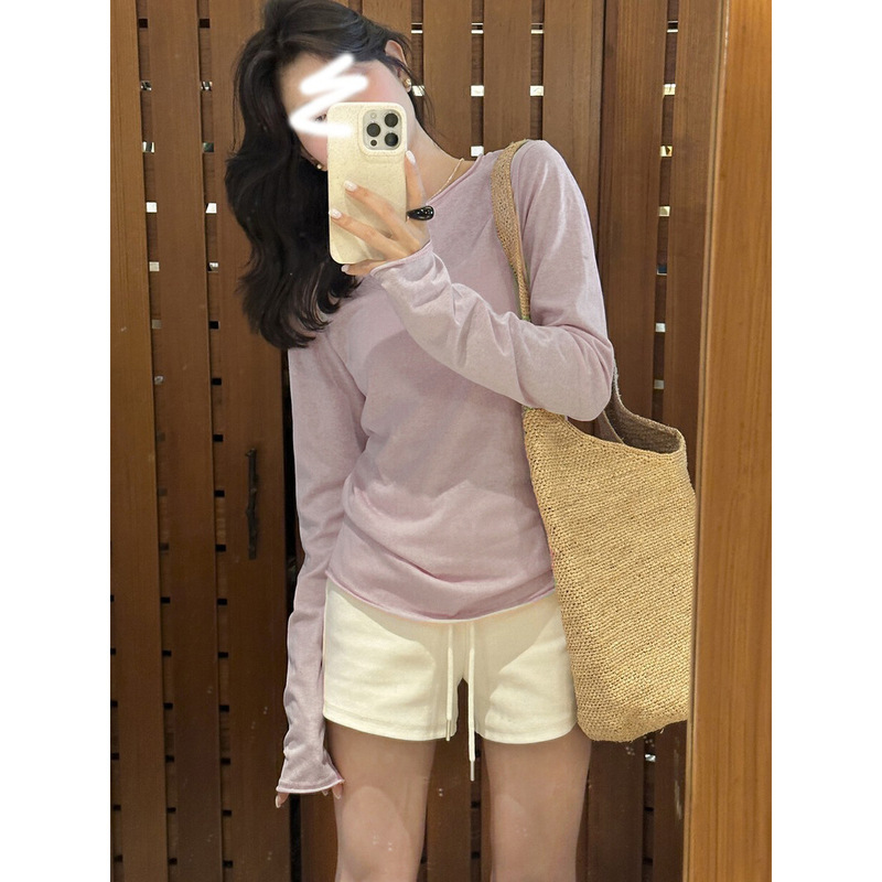 Korean Style Round Neck Rolled Edge Long-Sleeved T-Shirt for Women in Spring and Summer Slimming Look Inner Sun Protection Blouse Thin Bottoming Top
