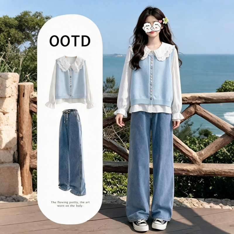 2026 New Autumn Style Girls' Set: Preppy Style Jeans, Vest, Shirt, and Junior High School Student Three-Piece Set