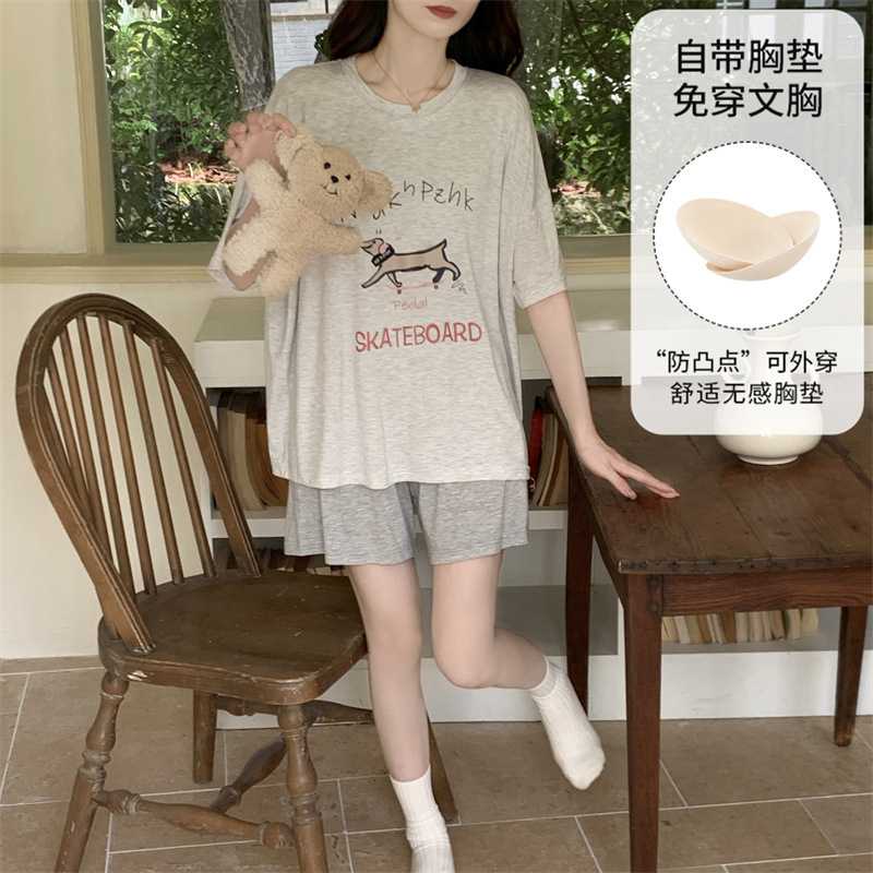 夏季新款带胸垫睡衣女短袖短裤莫代尔凉感卡通可爱家居服套装可爱|undefined