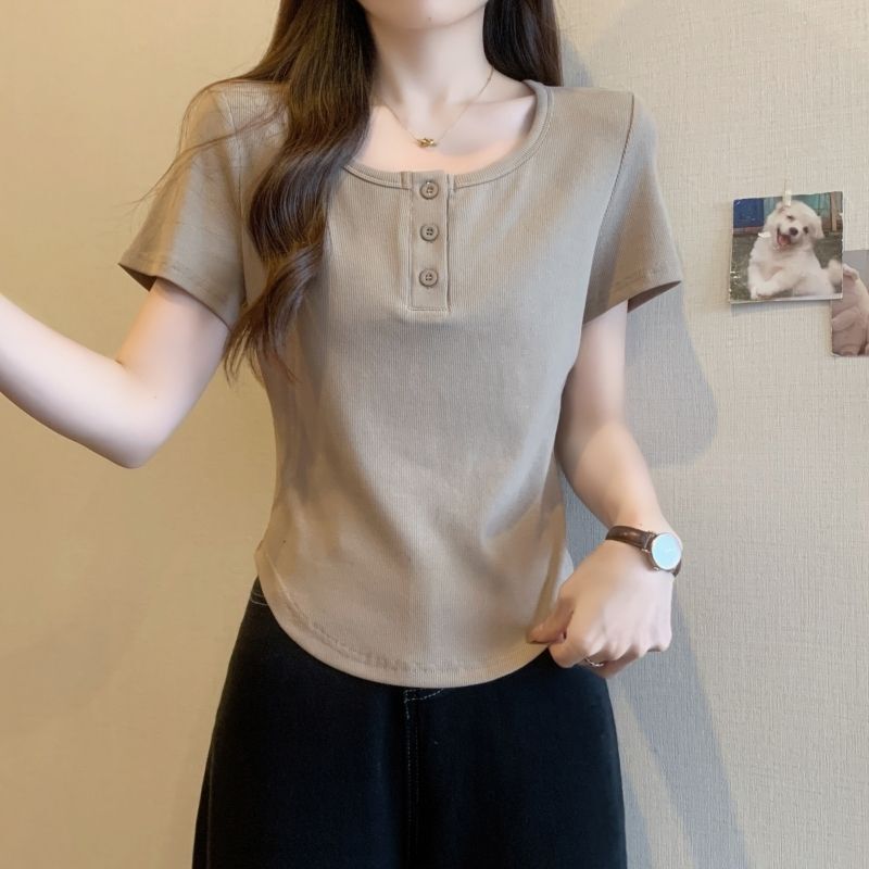 Pure Cotton 2024 Summer Large Size mm New Short-Sleeved T-Shirt for Women to Cover the Flesh and Look Slimming Look Right Shoulder Design Short Top Pure Cotton 2024 Summer Large Size mm New Short-Sleeved T-Shirt for Women to Cover the Flesh and Look Slimming Look Right Shoulder Design Short Top