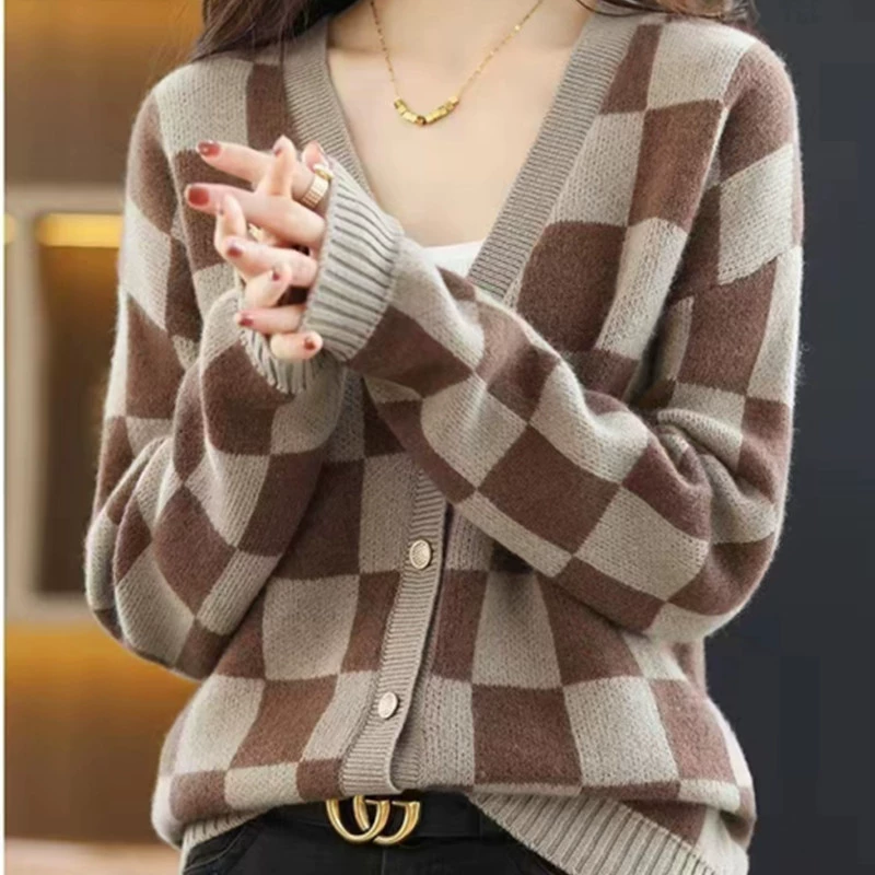 Новый женский вязаный кардиган с V-образным вырезом в клетку, осенне-весенний, в стиле кэжуал, свободный свитер-жакет
