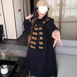 胖mm2-300斤大码套装条纹披肩连衣裙女秋时尚显瘦遮肉宽松茶歇裙