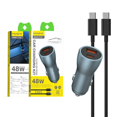 Mai Mai T135 car charger two-in-one USB-C dual cigarette lighter car accessories PD48W fast charging suit (Siqaret yandırıcısı) - car-set-48w-dual-type-c-car-fast-charging-set