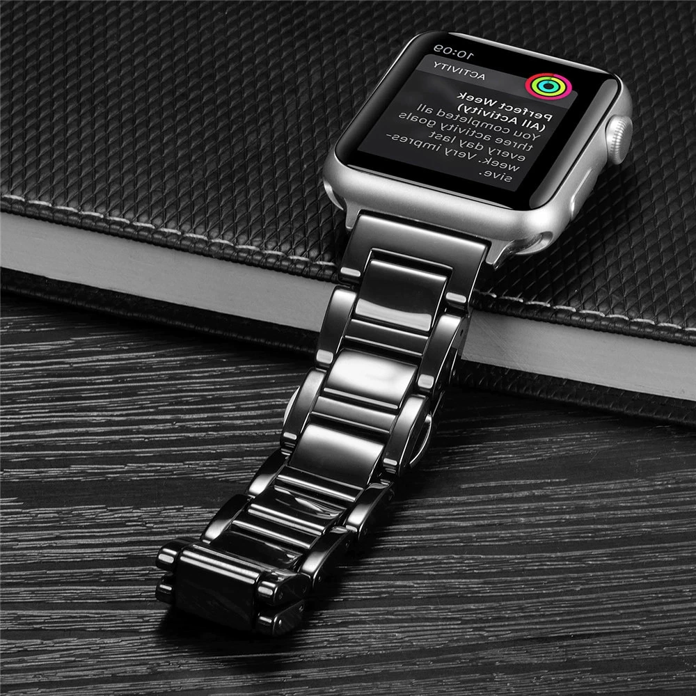 Подходящая для Apple Watch трехшариковая керамическая ремешок Apple Watch8 цепь бабочка пряжка на запястье черно-белый