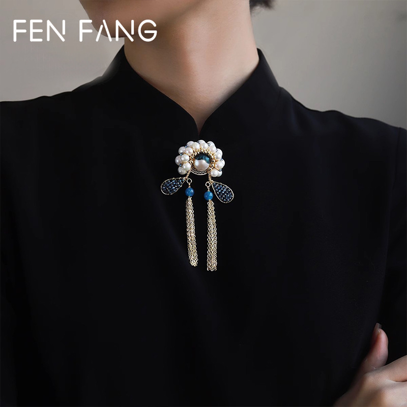 New Chinese Style Freshwater Pearl Agate Brooch Women's High-end Sense Knife Horse Dan National Tide Cheongsam Corsage Collar Needle Antique Pin