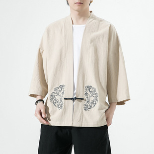 2025 New Summer Men's Chinese Style Retro Cotton and Linen Three-Quarter Sleeve Han Dynasty Embroidered Cardigan Loose Linen Robe