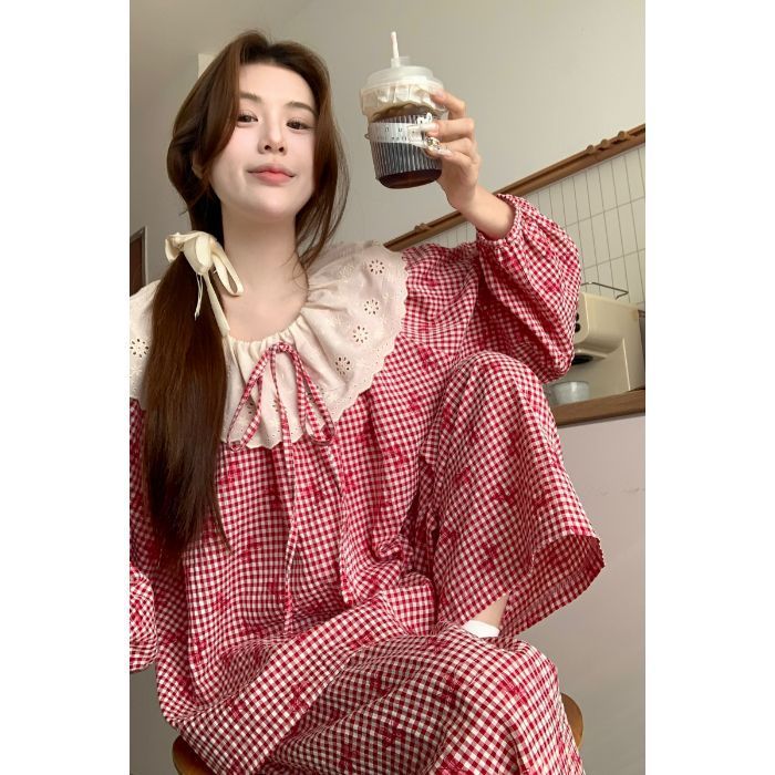 春秋天新款睡衣女长袖宽松慵懒云朵棉家居服花边学生甜美套装跨境|undefined