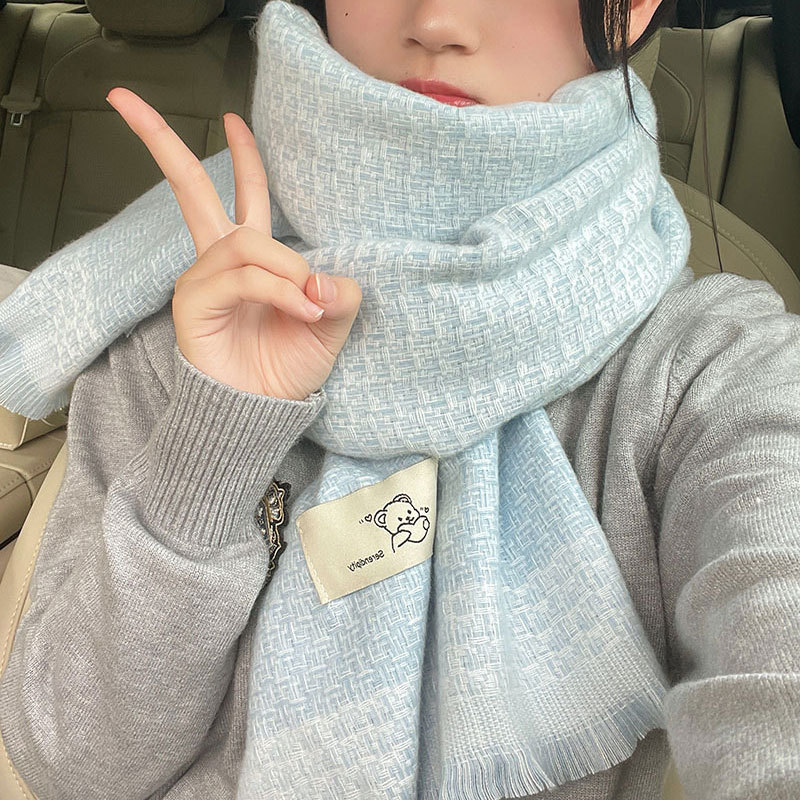 秋冬新款蓝色小熊围巾秋冬季女生可爱围脖羊毛绒护颈针织披肩外搭