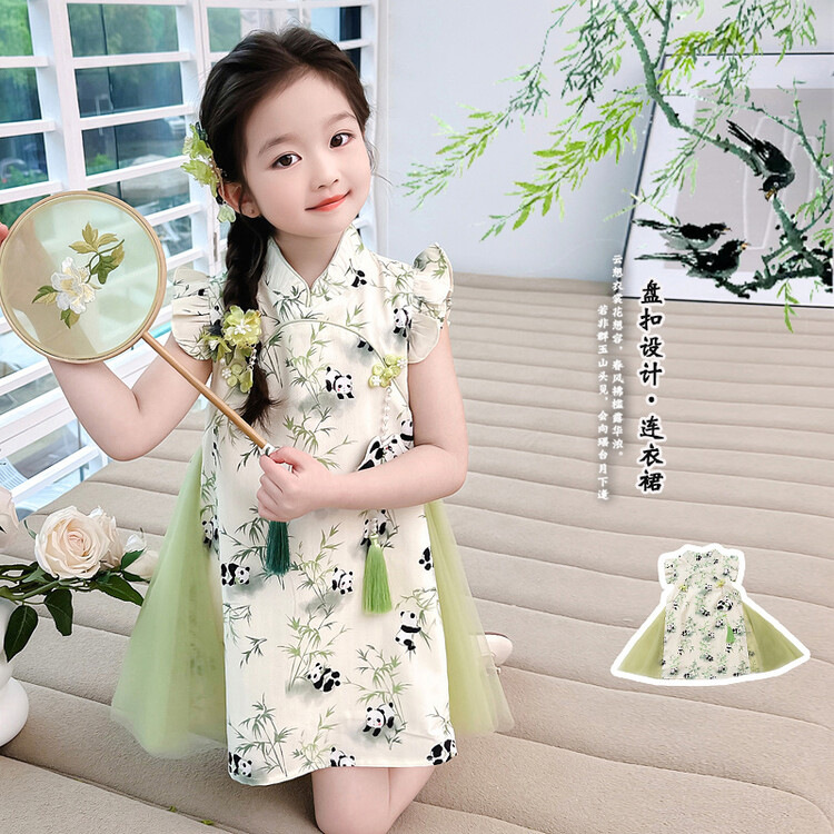 Vestido cheongsam para niñas vestido de verano 2025 nuevo vestido de Hanfu para niños nuevo vestido de princesa panda de estilo chino