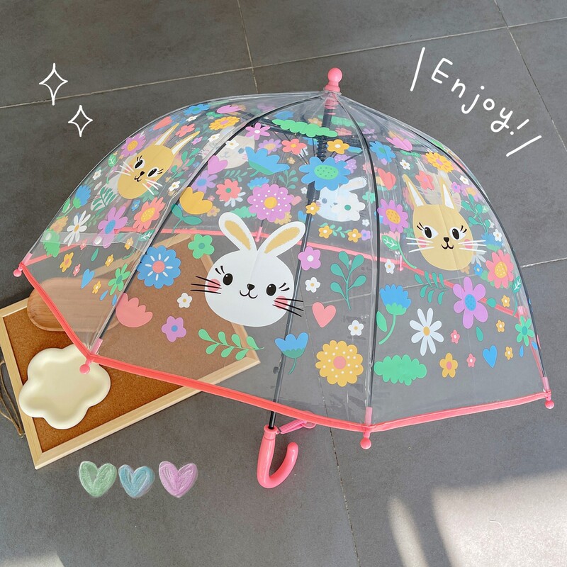 Internet Celebrity Rabbit Girl Kindergarten Primary School Children's Umbrella Cute Thickened Automatic Long Handle Umbrella Baby Transparent Umbrella