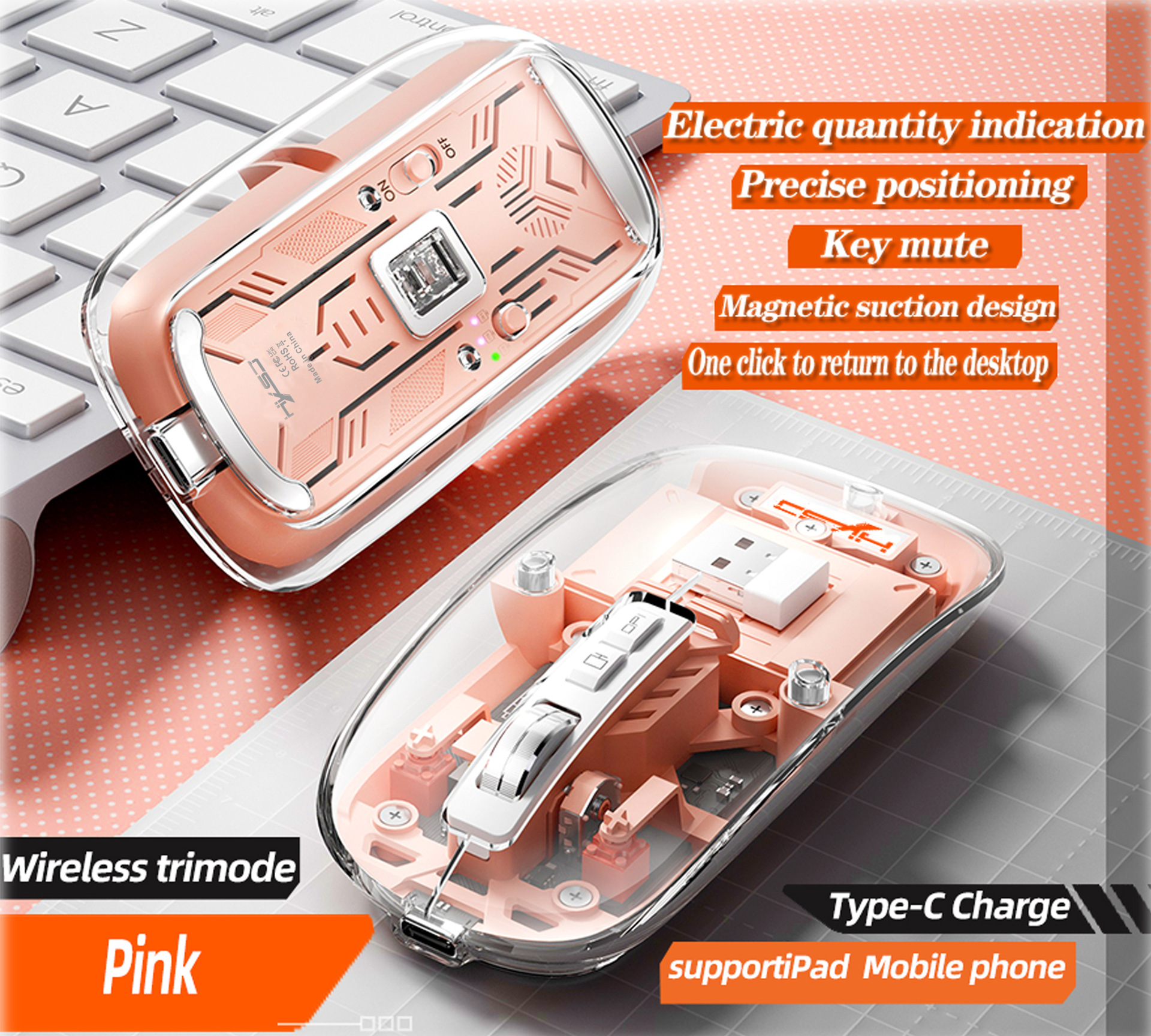 Il terzo esame simulato trasparente 2.4G/Bluetooth 5.1 silenzioso magnetico ricaricabile mouse wireless carica display_voghion.com