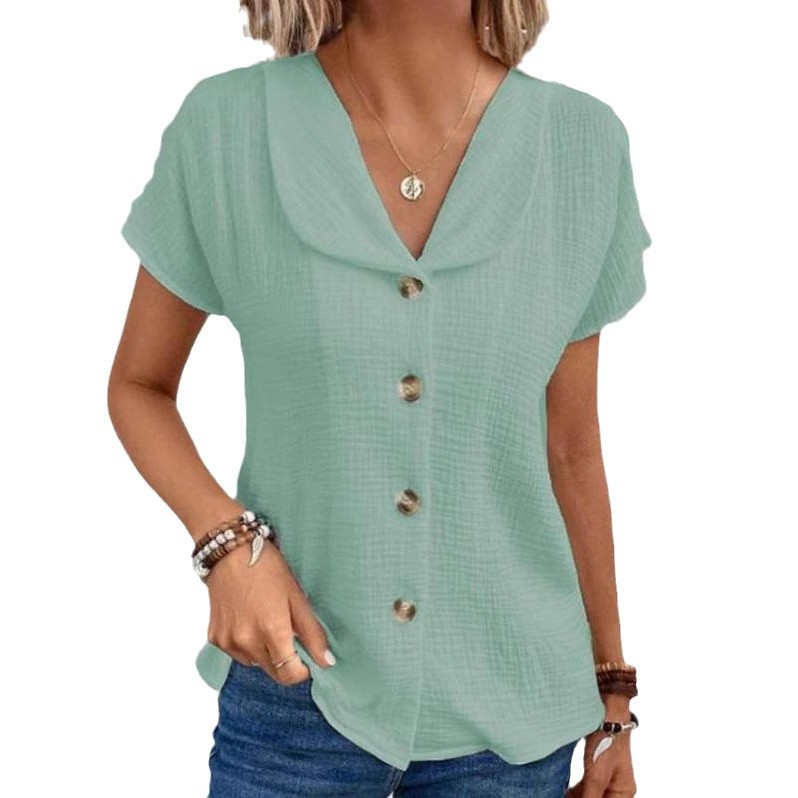 2026 Summer New European And American Cross-Border Solid Color Short Sleeve Cardigan Button Women's Top_ecoleips.com