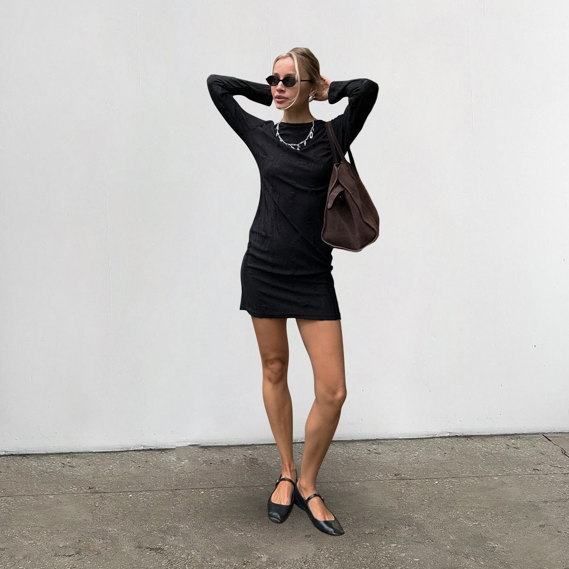 Autumn Simplicity Knitted Retro round Neck Slim Slimming Hip Dress Gray Dress Women Clothing