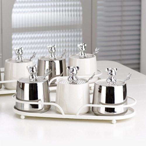 Electroplated Bear Ceramic Seasoning Jar Full Set of Seasoning Supplies Light Luxury Seasoning Jar Dustproof Salt Shaker Set Wholesale