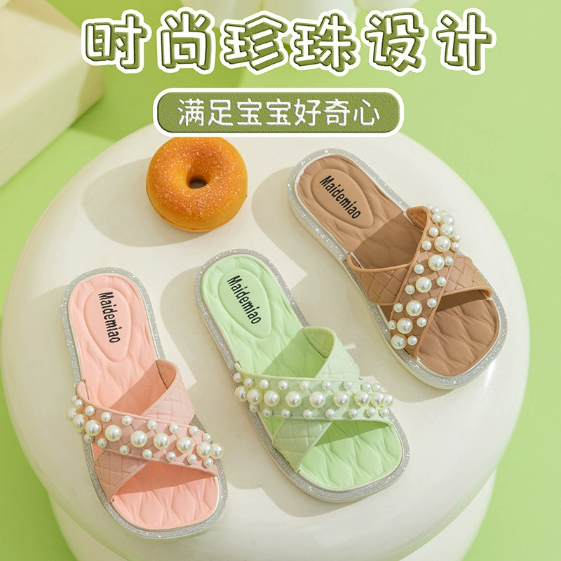 Fashionable children's summer non-slip slippers from pearl, slide indoor for princess, city style, wholesale, soft sole