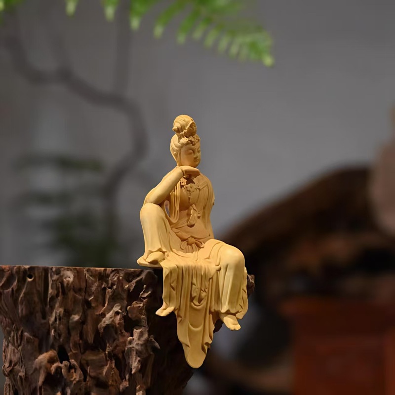 自在观音菩萨摆件黄杨木雕刻居家客厅禅意观世音木质立体感工艺品|undefined