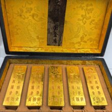 工艺品仿古做旧杂项清代五帝金条祥云龙盒子雕刻铜鎏金工艺品摆件