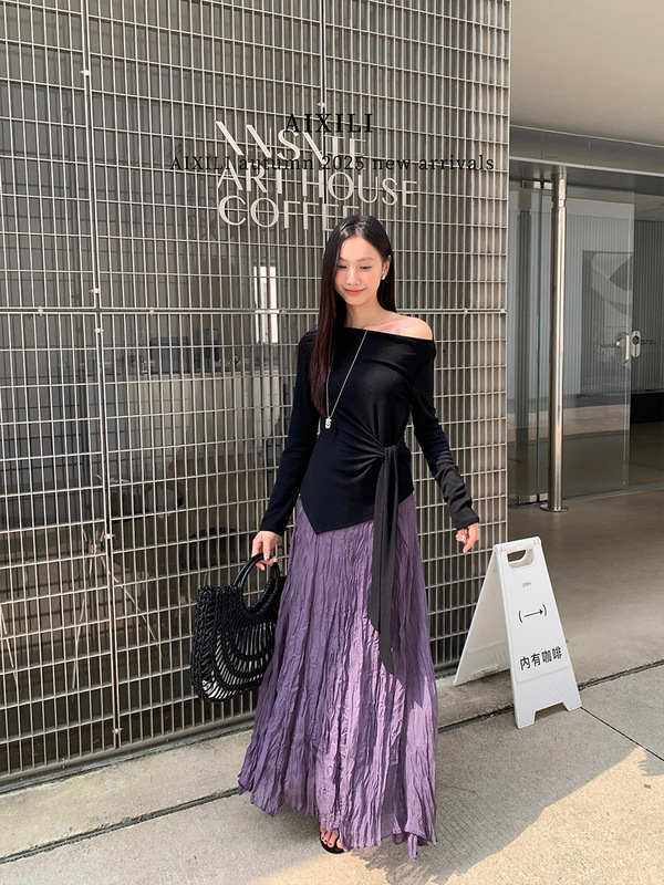 爱西里2025秋高级感斜肩侧绑带设计不规则下摆长袖针织上衣A1525|undefined