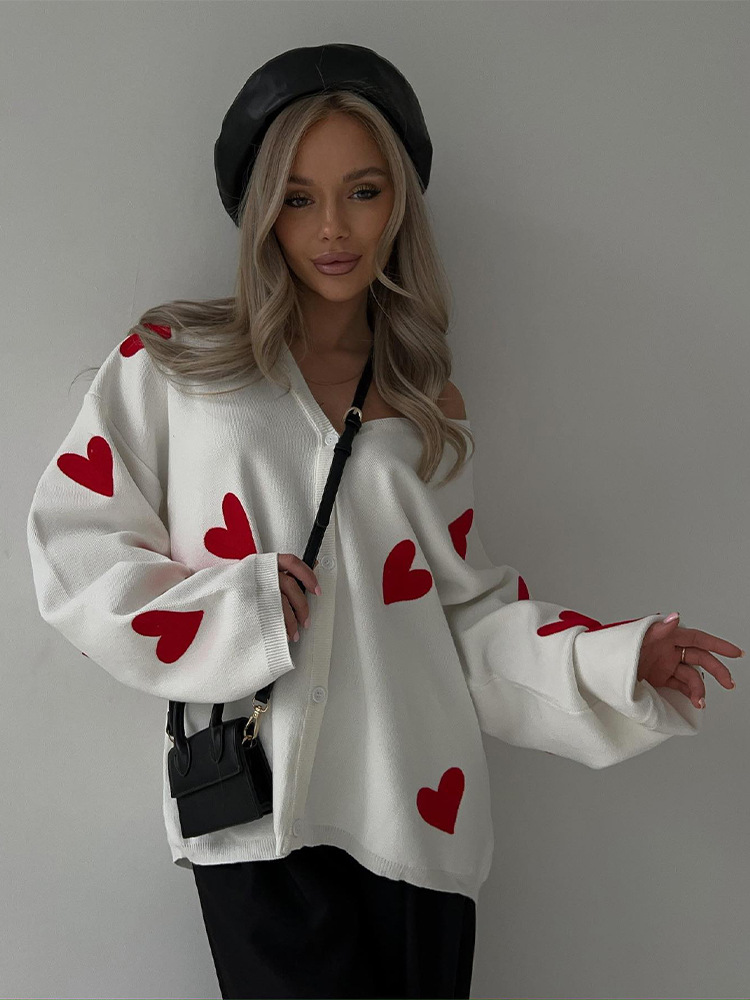 570g Weight Long Sleeve Sleeve Length Single Breasted Placket Type Regular Sleeve Sleeve Type Viscose fiber Fabric Type Regular Top Length Sweater Tops Type Holiday, Street Occasion V Neck Neckline Loose Fit Type Heart Shape Pattern Winter, Autumn Season Women's Gender Elegant, Streetwear Style Women's Sweater Long Sleeve Sweaters & Cardigans Elegant Streetwear Heart Shape 21