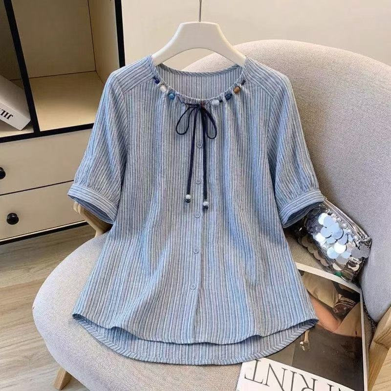 Light Blue Striped Short-Sleeve Shirt for Women, 2026 Summer New Style, Plus-Size Beaded Doll Shirt Top Light Blue Striped Short-Sleeve Shirt for Women, 2026 Summer New Style, Plus-Size Beaded Doll Shirt Top