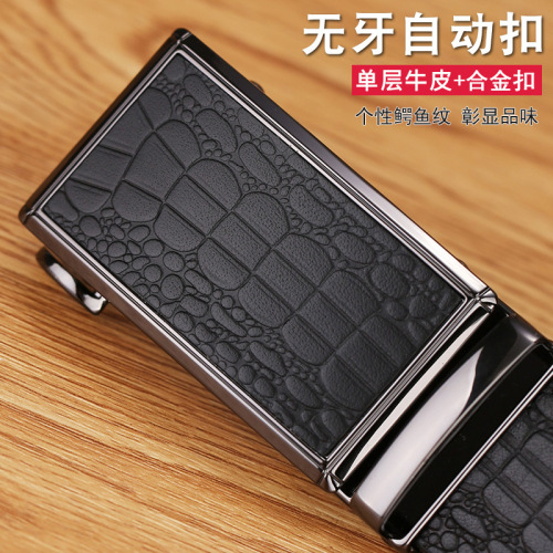 Men's Genuine Leather Belt Wholesale, Crocodile-Print Pure Cowhide Waistband with Casual Automatic Buckle—Perfect for Business Wear
