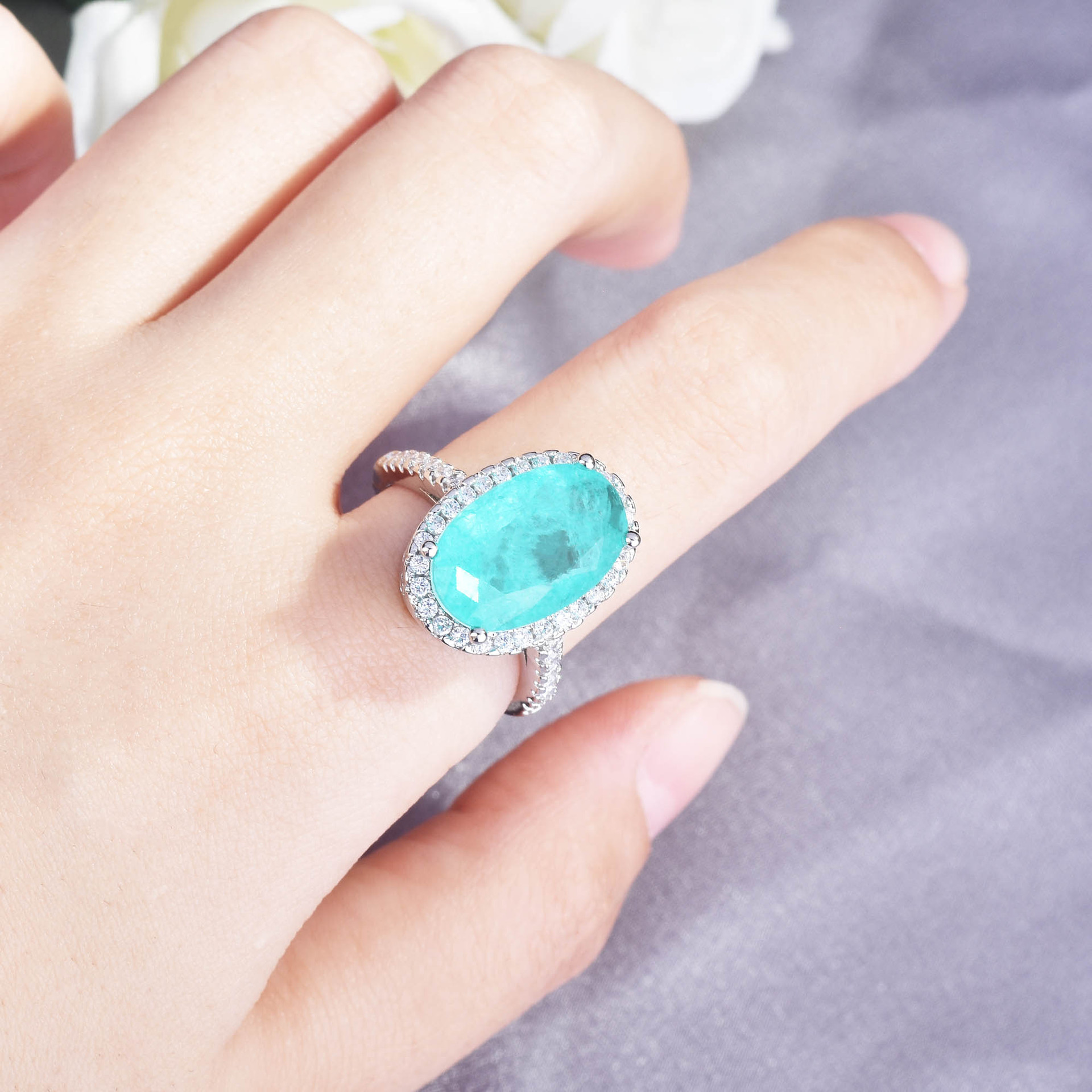 Tik Tok Live Stream Hot Sale Simulation Paraiba Ring Europe And America Cross Border Big Goose Egg Engagement Colored Gems Ring For Women display picture 6
