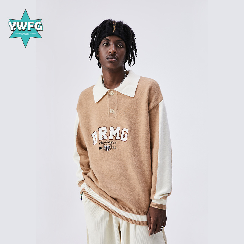 Suéter de punto POLO de estilo americano de la marca original YWFG, con diseño retro de letras jacquard, tendencia nacional para parejas en otoño e invierno.
