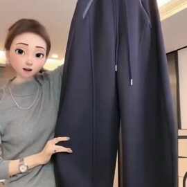 大码胖MM加厚款秋冬季加绒高腰女士抽绳休闲拉链显瘦阔腿裤女裤子