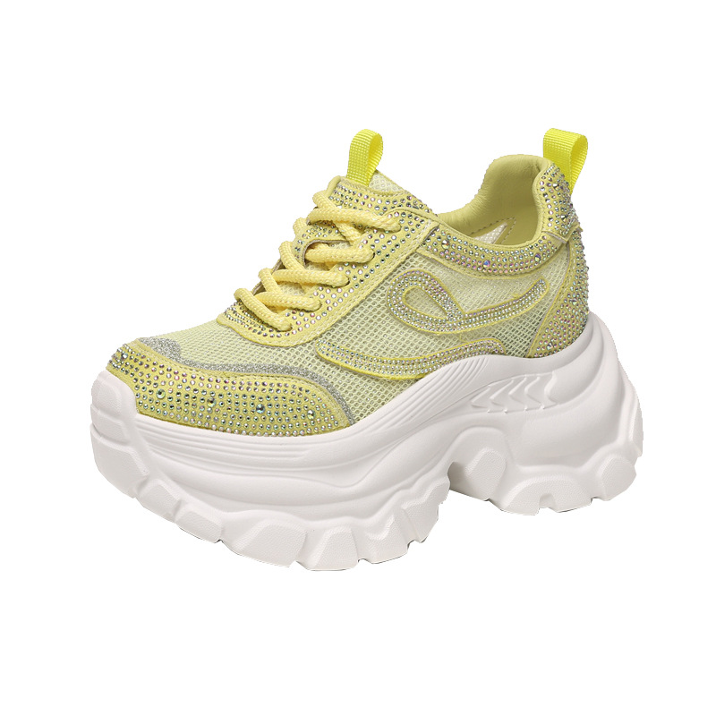 Giày sneaker chunky nữ đế dày mặt lưới đính đá tăng chiều cao — Màu đen