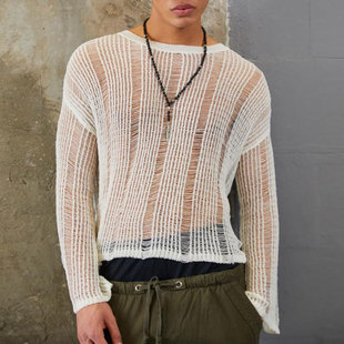 European and American men's autumn New Elastic Hollow through sweater men's long sleeve loose all-match sweater men's