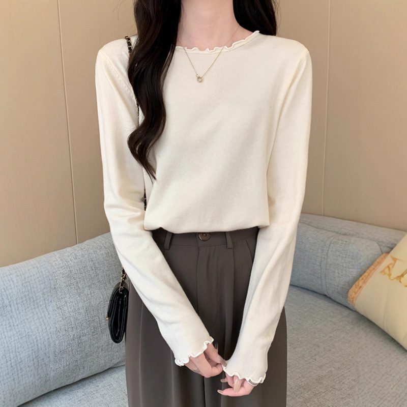 简约圆领木耳边针织毛衣女秋冬季长袖纯色内搭韩版显瘦打底上衣|undefined