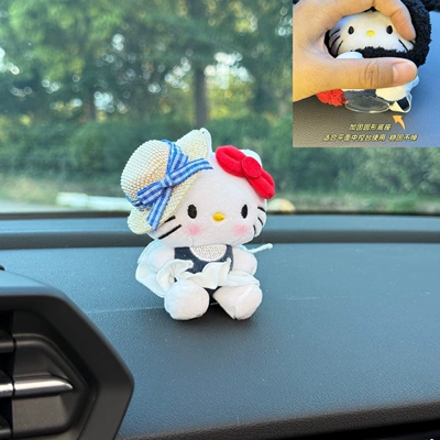 Car Dashboard Center Console | Car ornaments - little-blue-cat-in-straw-hat-and-white-dress-ornament-round-base