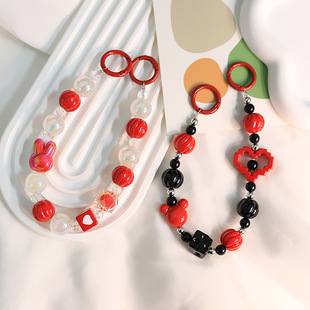 Festive Red Rabbit ears beaded chain pendant National style mahjong hair bead chain keychain bag ornaments live broadcast gift