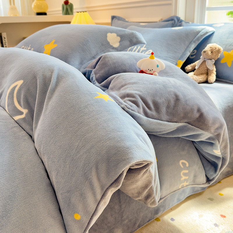 Invierno de coral cubierta de edredón de una sola pieza de invierno de peluche de doble cara de peluche de leche de cuatro piezas de cubierta de edredón de una sola persona engrosada
